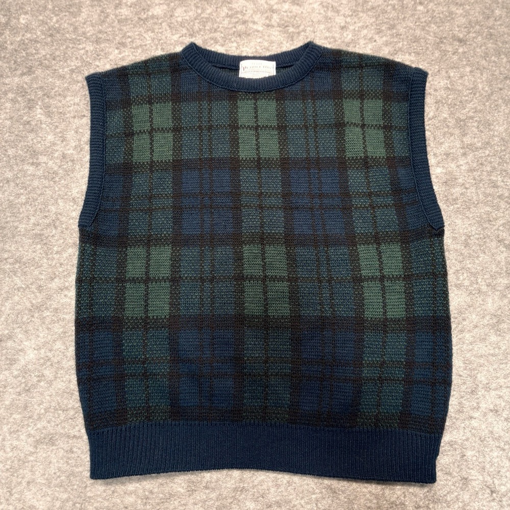 Pendleton Sweater Vest Womens L Blue Green Plaid Virgin Wool Black Watch Tartan